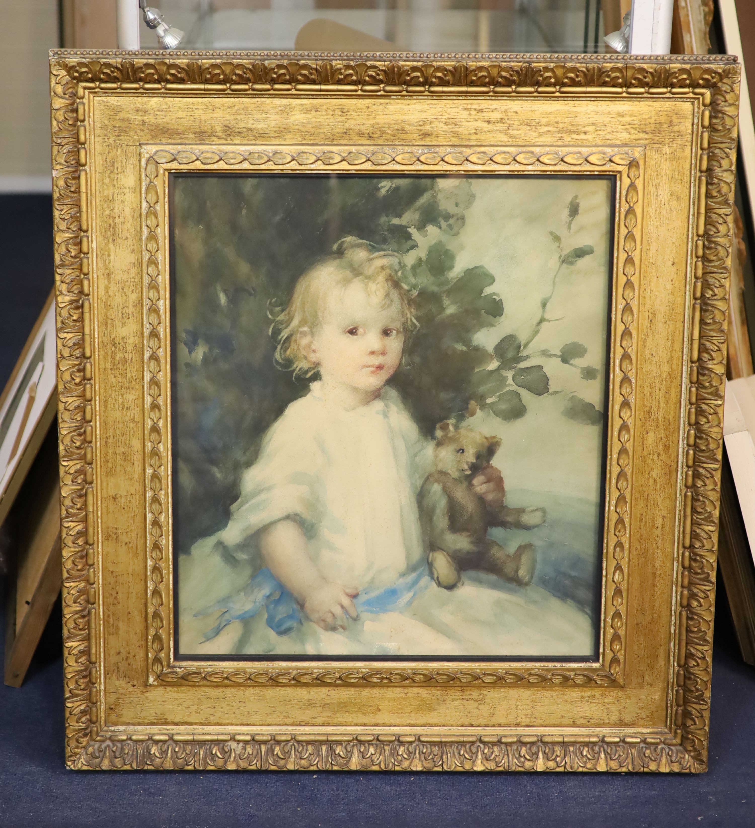 Ambrose McEvoy (1878-1927), Portrait of a child holding a teddy bear, watercolour, 55 x 47cm